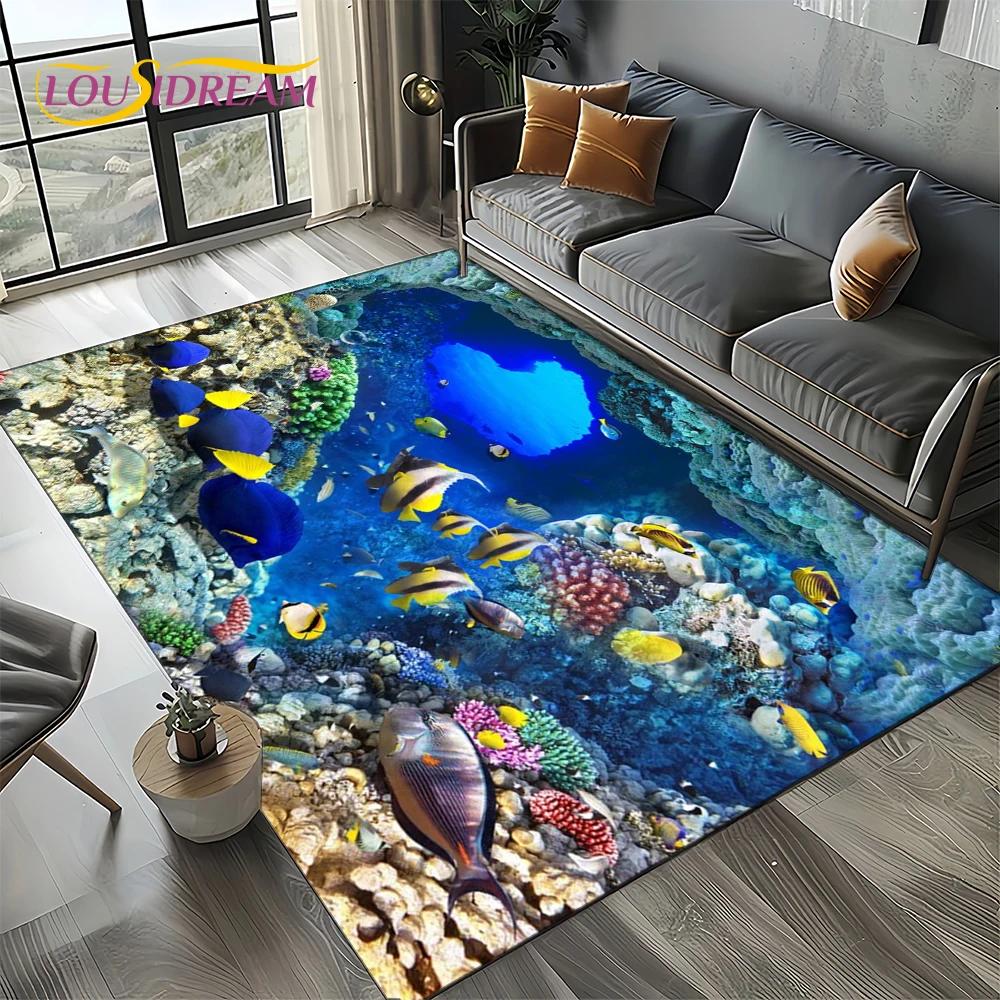 Underwater World 3D Illusion Seabed Cartoon Shark Dolphin Carpet Rug for Living Room Bedroom Home Sofa Decoration,Floor Mat Kid