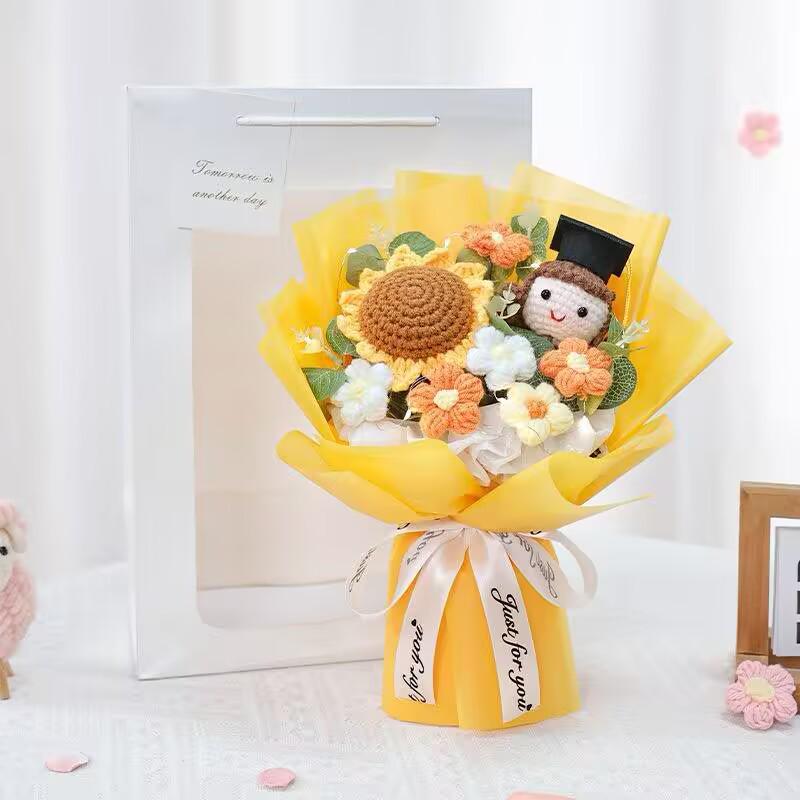 Handmade Knit Yarn Sunflower Bouquet for Graduation or Teacher's Day Gifts