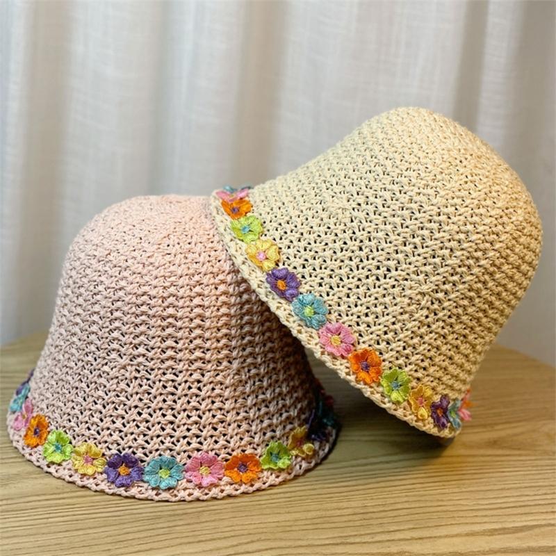 Crochet Bucket Hat with Flower Decals Summer Spring Bucket Hat Crochet Floppy Hat for Adult Teen Hat Knitted Sun Hat