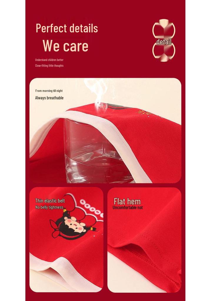 Festive Red Girls' Boxer Briefs: Antibacterial Pure Cotton, Colorfast, Full Cotton Crotch, Chinese New Year Theme