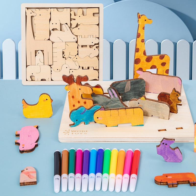 

Детские деревянные DIY многофункциональные трехмерные пазлырисование и граффити тренировка координации рук и глаз, развивающие игрушки для раннего развития