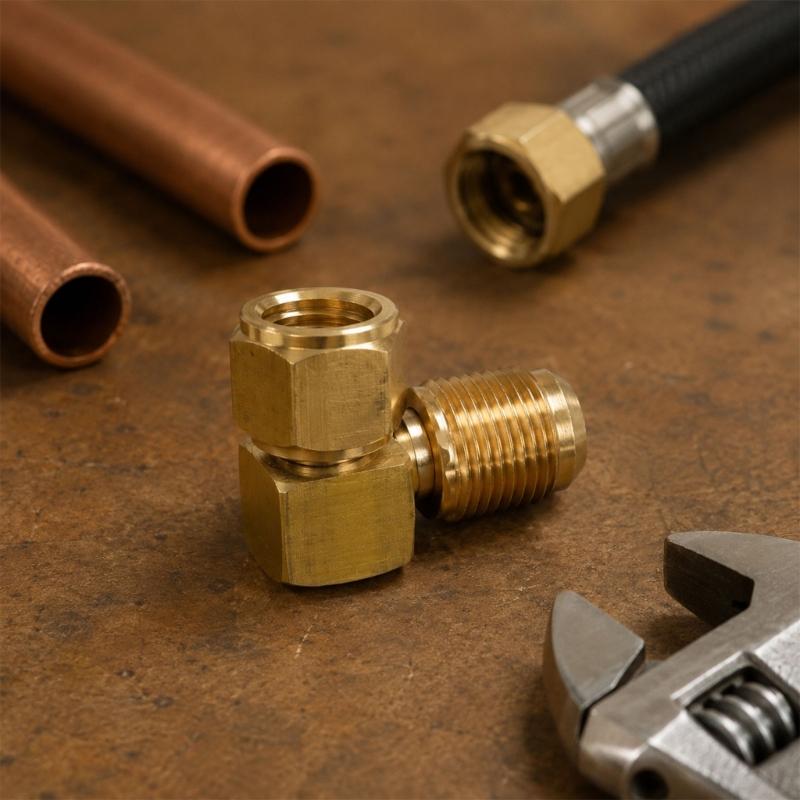 Brass 90 Degree Elbow Union for 3/8 Female x Male Pipe Ends, Angle Fitting with Turning Center Section for Pipe Change in Narrow Places