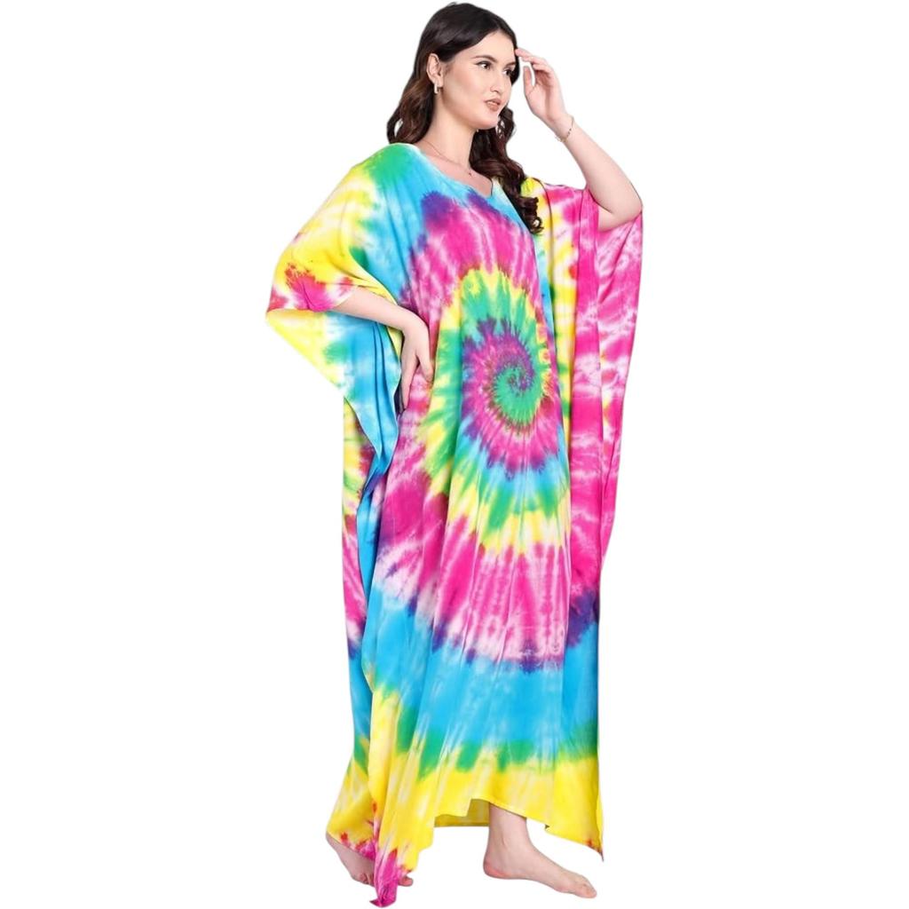 Boho Resort Lounge Wear Multicolored Viscose Beach Cover Up Flattering V-Neck Maxi Kaftan Dress for Women Relaxed Fit One Size Plus Silhouette