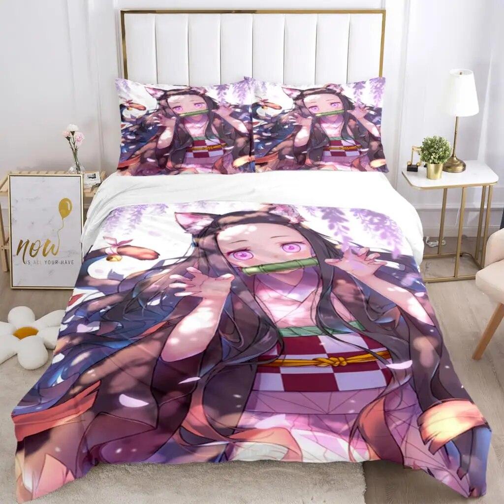 Demon Slayer Print Dreiteiliges Bettwäscheset Modeartikel Kinder oder Erwachsene für Betten Bettbezüge Kissenbezüge Bettwäscheset Geschenk