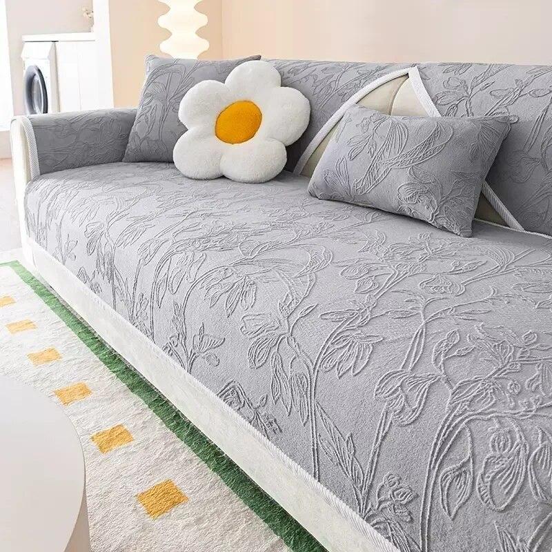Winter Warm Plush Sofa Cushions Leaves Jacquard Velvet Sofa Covers Non-Slip Universal Sofa Towel Mat for Living Room Couch Decor