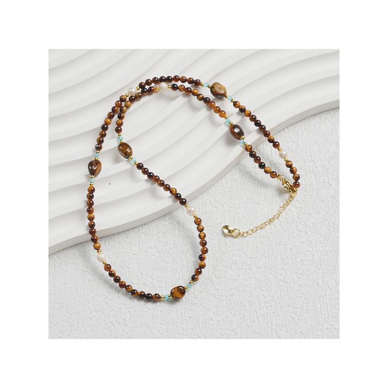 Elegant Natural Tiger Eye Stone Pearl Choker Necklace - High-End Fashion Statement for Women