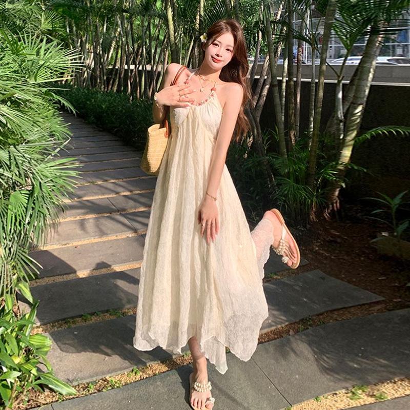 Pure desire wind neck strap suspender dress women's summer seaside vacation French backless high-end white dress
