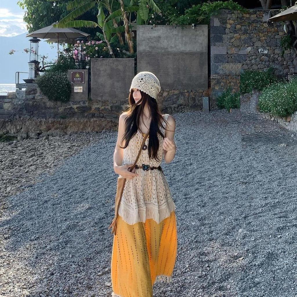 Bohemian Korean-Style Tassel Camisole Dress & Layered Lace Cover-Up Set for Women (Summer)