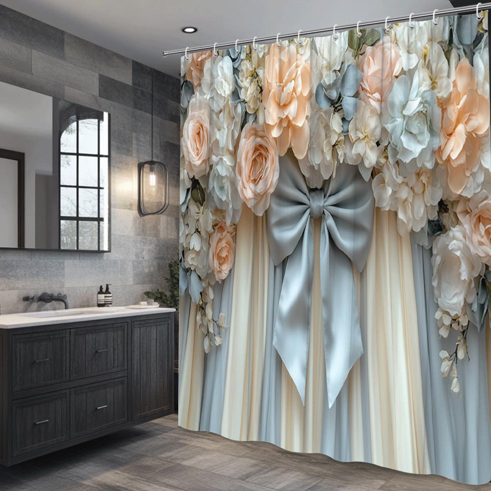 Romantic Floral Bouquet Shower Curtain Peach White Roses And Satin Bow Elegant Wedding Style Decor Waterproof Non-Toxic Material