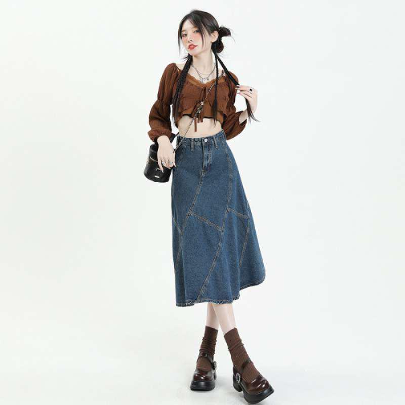 

High-Waist Denim Fishtail Skirt - Loose, Long, Hip-Covering Design for Women S
