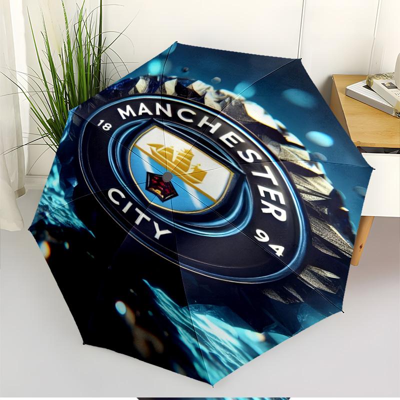 Manchester City FC Aufdruck Automatischer Öffnungs-Schließ-Regenschirm, Tragbarer Faltregenschirm, für den Außenbereich, Pendeln, Campingausflug, Ideales Geburtstagsgeschenk