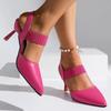 Elegant Rose Red High Heel Sandals for Women Pu Leather Thin Heels Dress Party Shoes Plus Size Elastic Band Pointed Toe Sandals