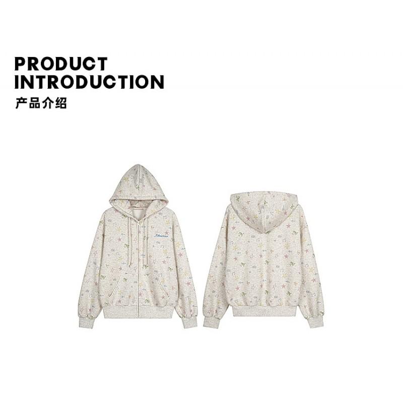 Oversized Floral Print Hooded Zip-Up Sweatshirt Unisex Loose Fit Casual Top