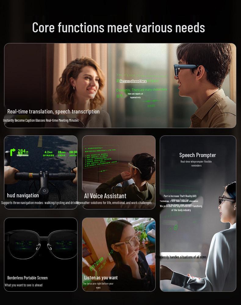 Smart AR Glasses with Full-Color Lightguide, Real-Time Translation, Navigation, Teleprompter, Meeting Minutes, and AI Integration.