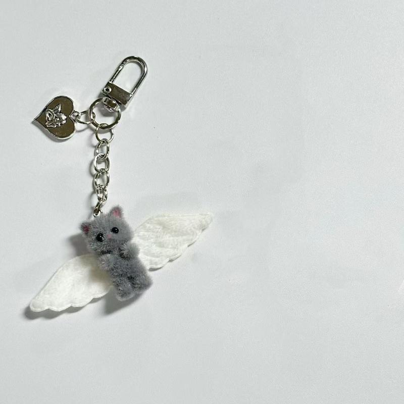 Cute Angel Wings Fuzzy Kitty Cat Heart Keychain Flocked Kitten Kawaii Phone Chain Anti-Lost Lanyard Pendant Bag Decor Gift