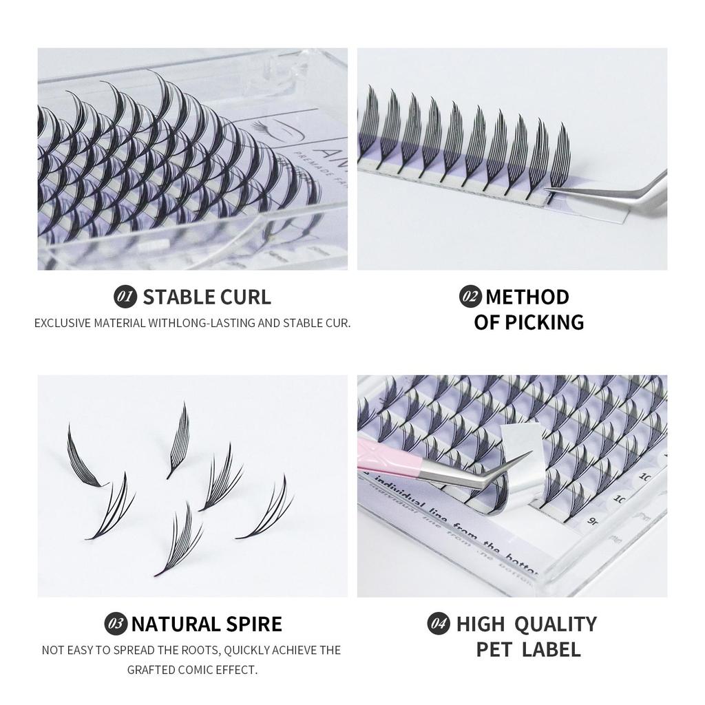 ANNAFRIS Anime Komiksový Spire Prodloužení Řas Předem Vytvořené Vějířky Přírodní Kašmírové Manga Umělé Řasy Přírodní Měkký Tvar Pírka Pteris Řasy
