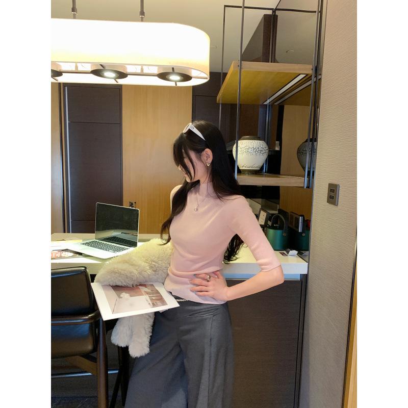 Korean Chic Elegant Half-High Neck Slim Fit Mid-Sleeve Knit Top for Women - 2026 New Arrival