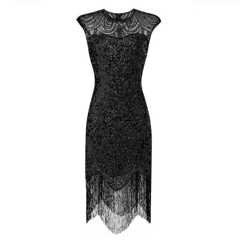 Amazon Popular Banquet Evening Dress 1920 Retro Sequined Tassel Dress Plus Size Solid Stage Performance Wear
