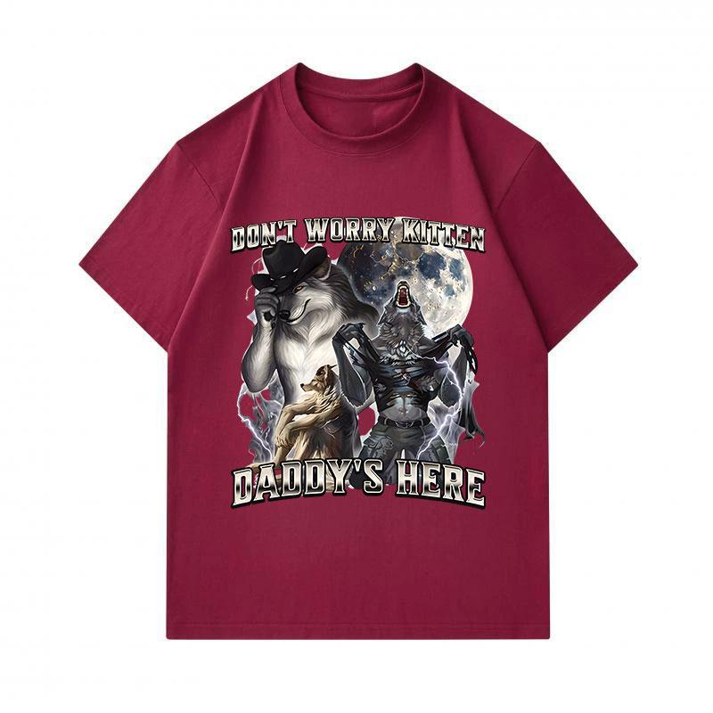 Men's 100% Cotton Crew Neck Short Sleeve T-Shirt, Funny Alpha Wolf Don't Worry Kitten Daddy's Here Graphic Casual Tees, Unique Novelty Werewolf Print