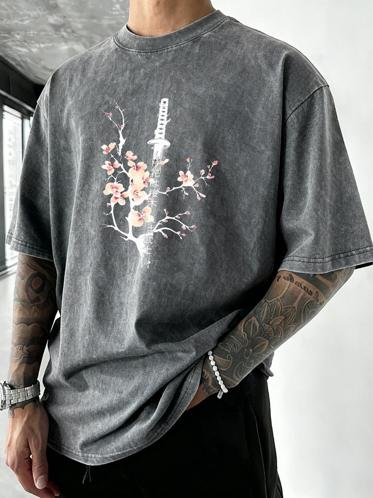 Japanese Cherry Blossom Sword Print Mens Washed TShirt Summer Cotton Short Sleeve Sport Running T Shirt Casual Loose Top