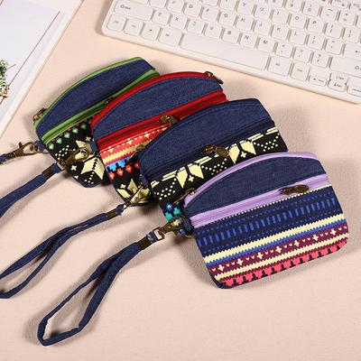 Handtasche im ethnischen Stil Stoff-Geldbeutel Schlüsseltasche Handgelenkschlaufe mit zwei Reißverschlüssen Handtasche