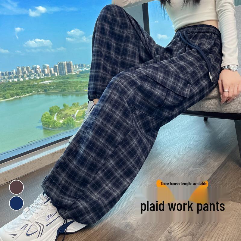 2026 Autumn Women's Retro Plaid High Waist Wide Leg Pants - Two-Way Casual & Sporty Wear