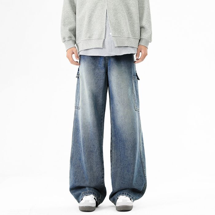 American High Street Trendy Brand Big Pocket Tooling Jeans Men's Trend Loose Wide Leg Drape Straight Trousers Men