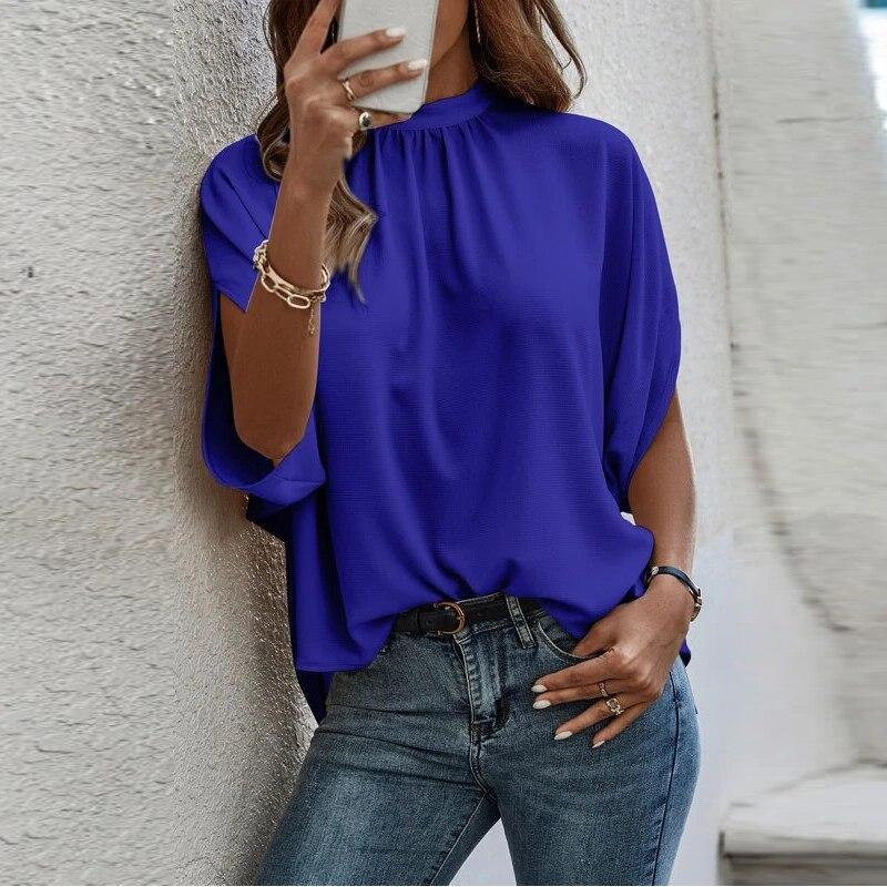 Koszule damskie 2023 Lato Casual Jednolity kolor i nadruk Bluzka Moda Podzielone Krótkie rękawy Bluzki Okrągły kołnierz Ubrania 26305