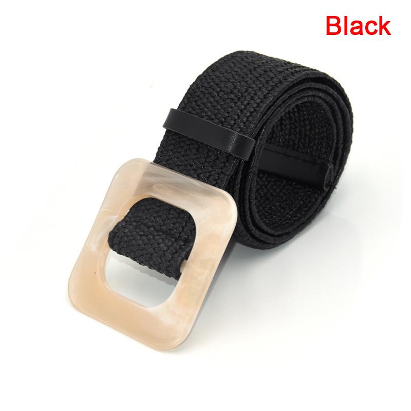 Summer Women Braided Belt Square Wooden Buckle Vintage Boho Straw Woven Belt