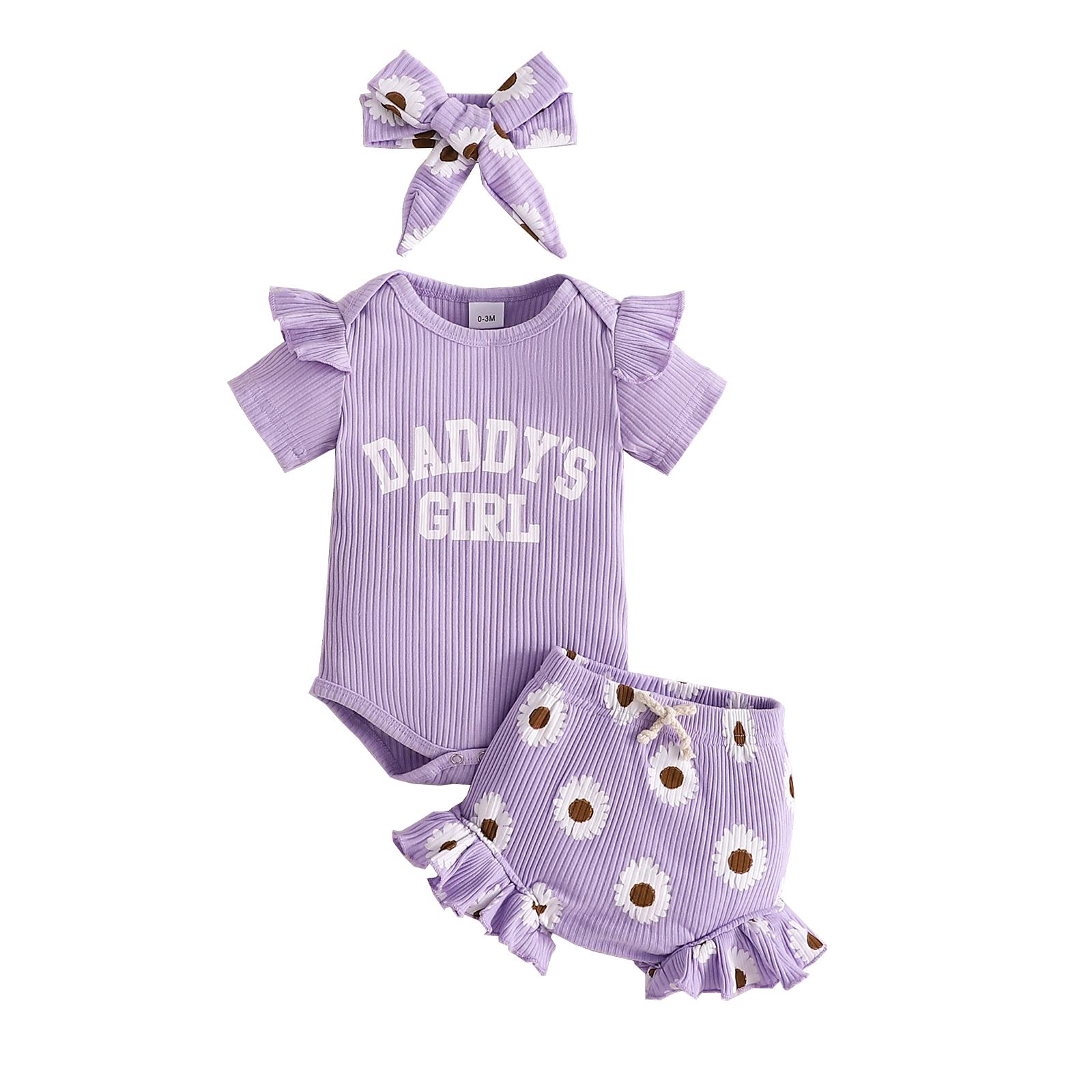 

Комплект шорт для маленьких девочек, комбинезон с короткими рукавами, принтом букв, шорты с цветочным принтом и повязкой на голову, летний наряд 6-12 Months лавандовый