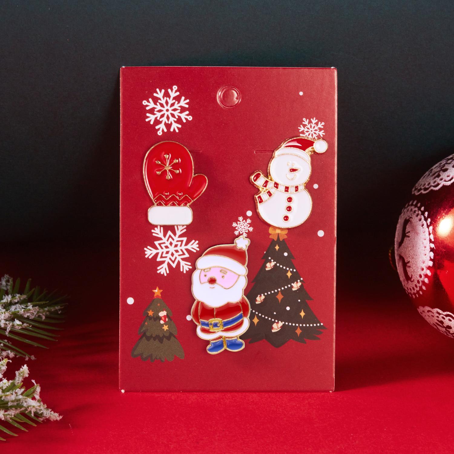 

3Pcs Cute Christmas Tree Santa Claus Elk Cartoon Brooch Set Pin Collar Lapel Badge Women Christmas Party With Card Jewelry Gift