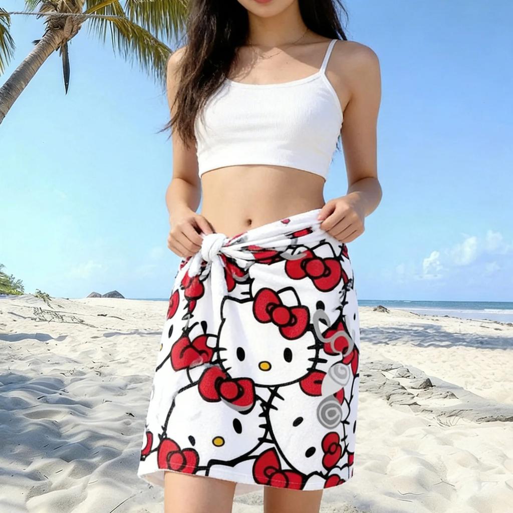1pc Sanrio Hello Kitty Beach Towel Soft Microfiber Bright Red White Cartoon Design Lightweight Durable Machine Washable Summer