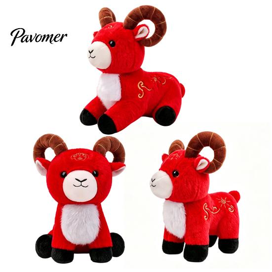 Traditional Chinese Style Plush New Year Sheep Doll, of The Mascot Toy, Auspicious Cloud Holiday Celebration Ornament Embroidery, Red Cute Stuffed