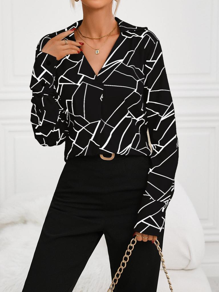 2026 Women's Loose Fit Printed V-Neck Long-Sleeved Shirt