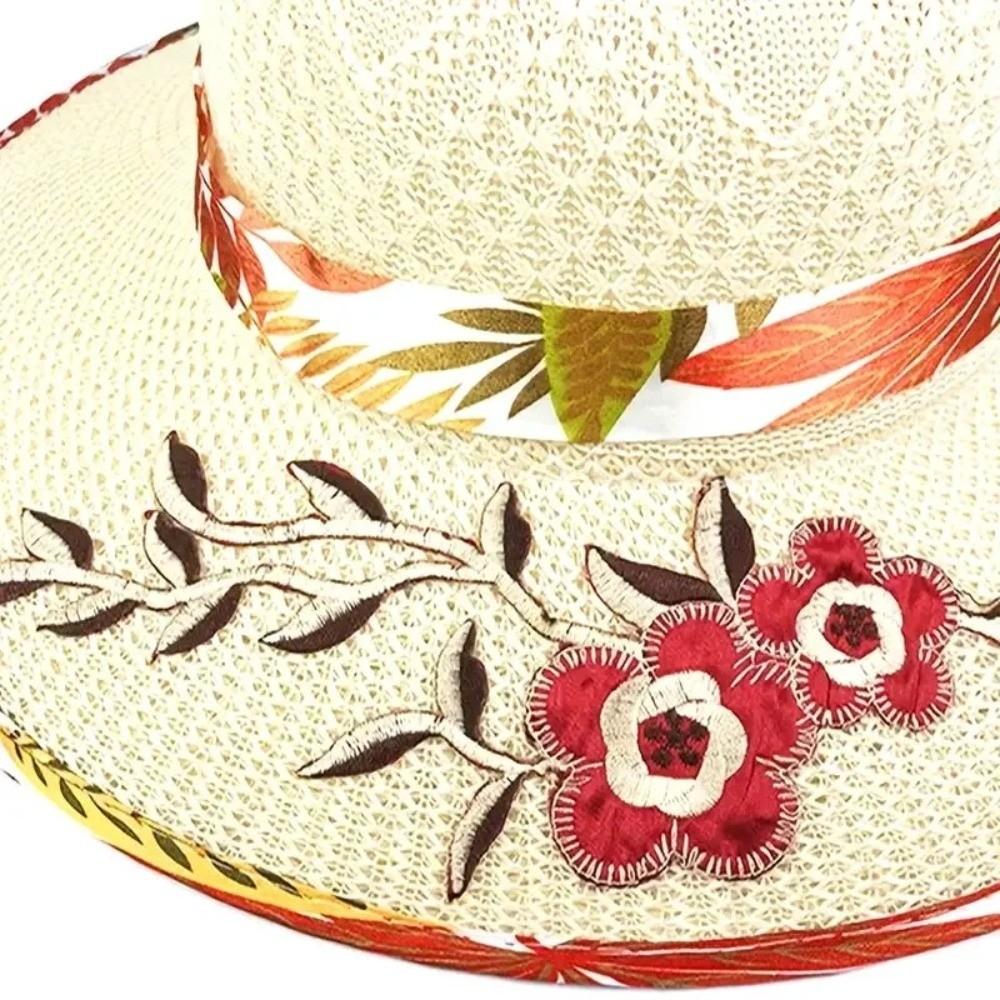 Foldable Flower Embroidery Hat Wide Brim Panama Hat New Straw Beach Cap  Outdoor Casual
