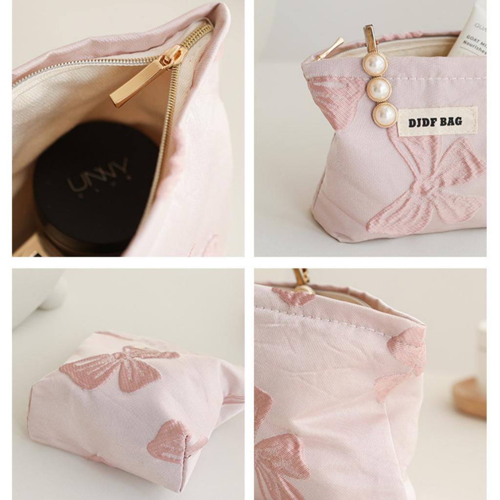 Ladies' Cute Pink Bow Makeup Bag with A Coin Purse and Zipper, Practical for Short Trips and Home Use, Easy To Carry