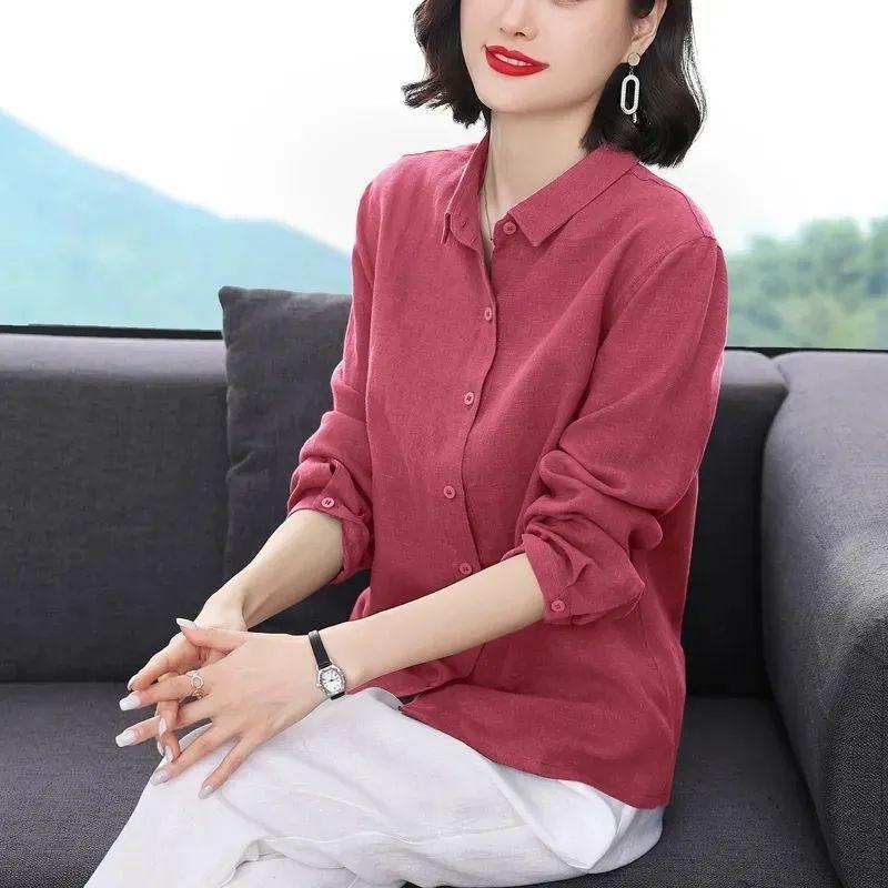 Women's Spring Casual Linen Top Collared Long Sleeve Button Up Shirt