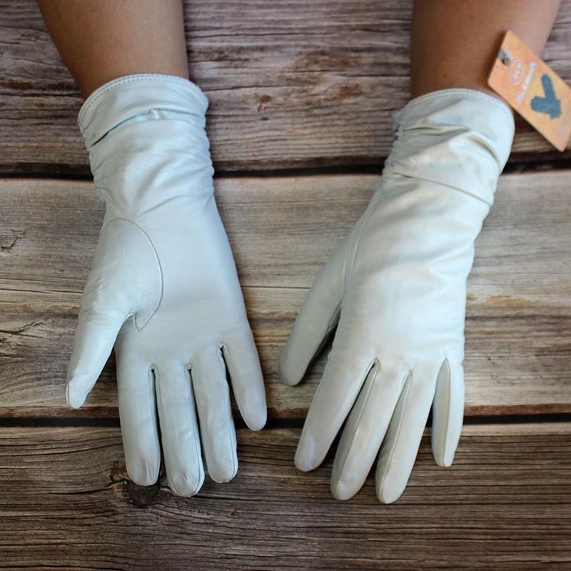 Genuine Leather Gloves Women's Sheepskin Gloves White Elastic Style Velvet Lining Outdoor Windproof Winter Warmth New