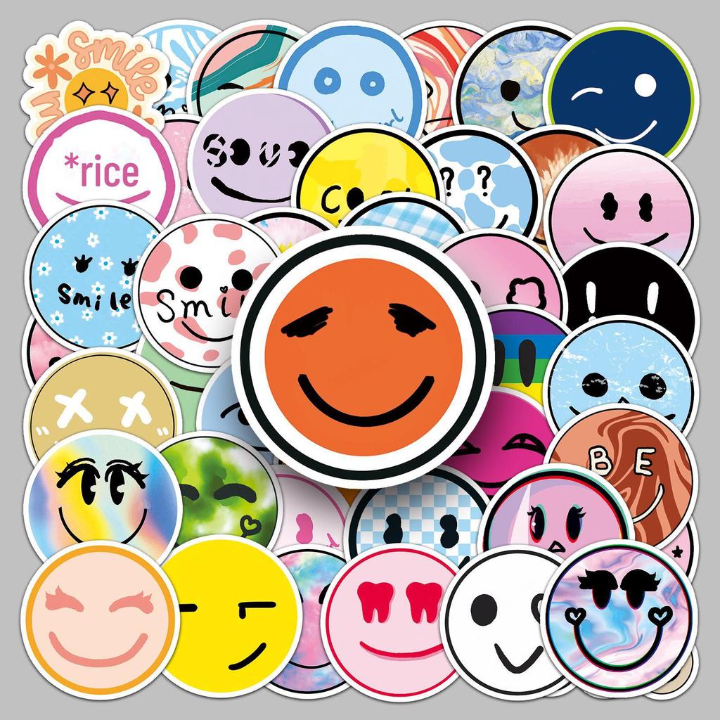 50 Trendy Smiley Face Stickers: Waterproof Cartoon Designs for Suitcases, Scooters, Computers, Tablets, and Water Cups