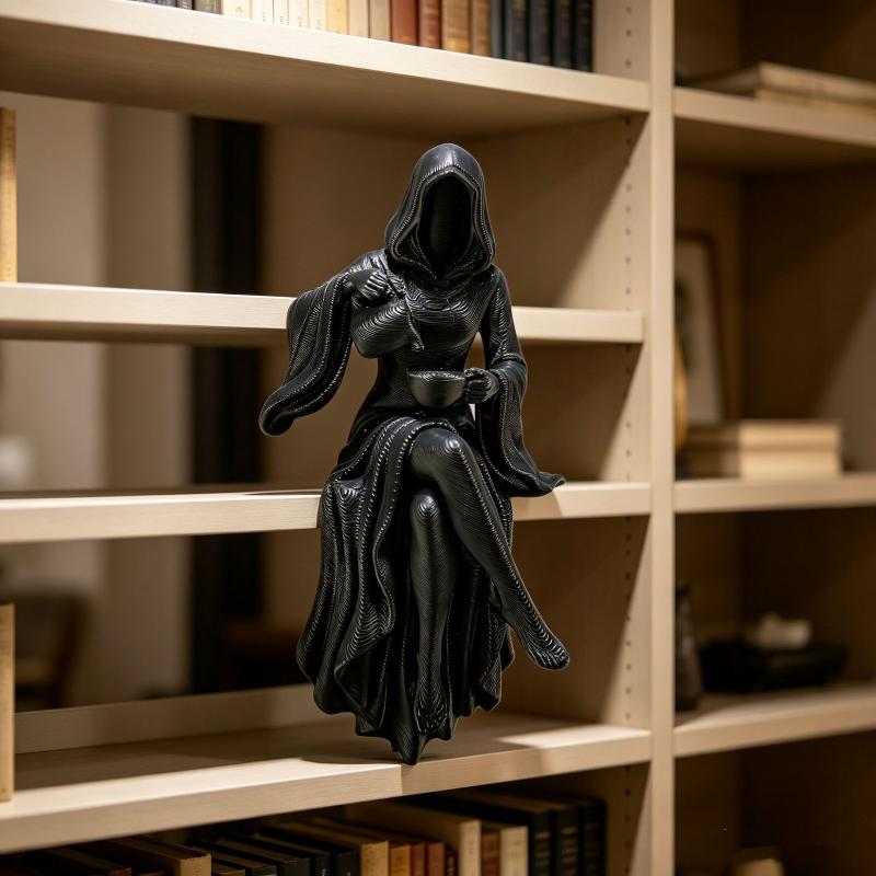 Female Grim Reaper Resin Statue Gothic Sitting Sculpture With Scythe Dark Aesthetic Decor For Home Office And Bookshelf