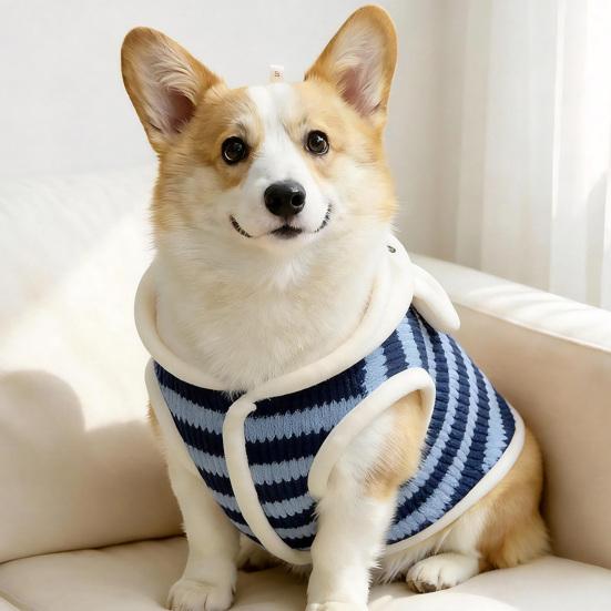 Xiaobudian Cartoon Bear Dog Hoodie, Blue Stripe Sleeveless Pet Clothes, Warm Tank Top, Cozy Winter Outfit for Small Breed Dogs