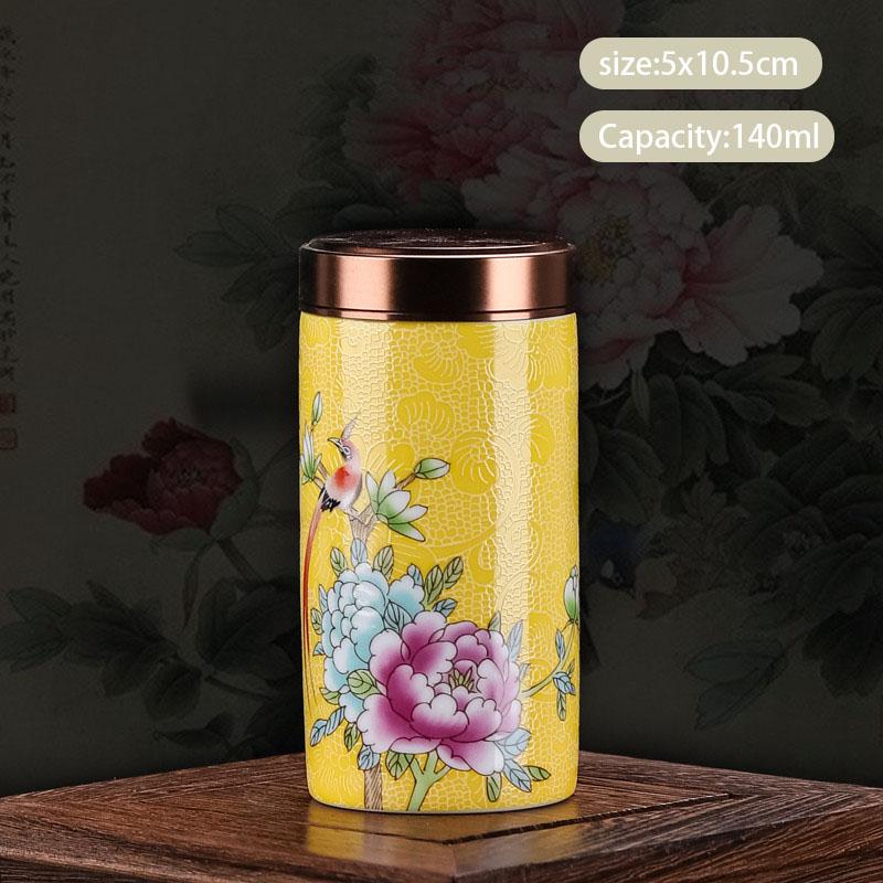 Chinese Enamel Color Flower and Bird Tea Caddy Ceramic Tea Jar Sealed Container Travel Tea Box Coffee Candy Storage Tank Teaware