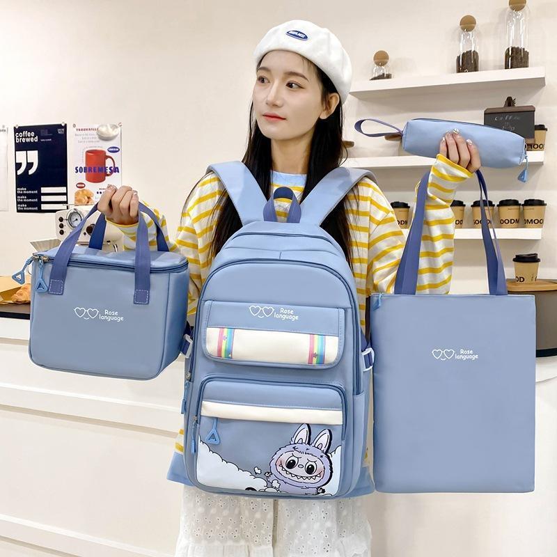 4pcs Classic Casual Backpack Neutral printed student backpack Pencil case crossbody bag Storage bag set