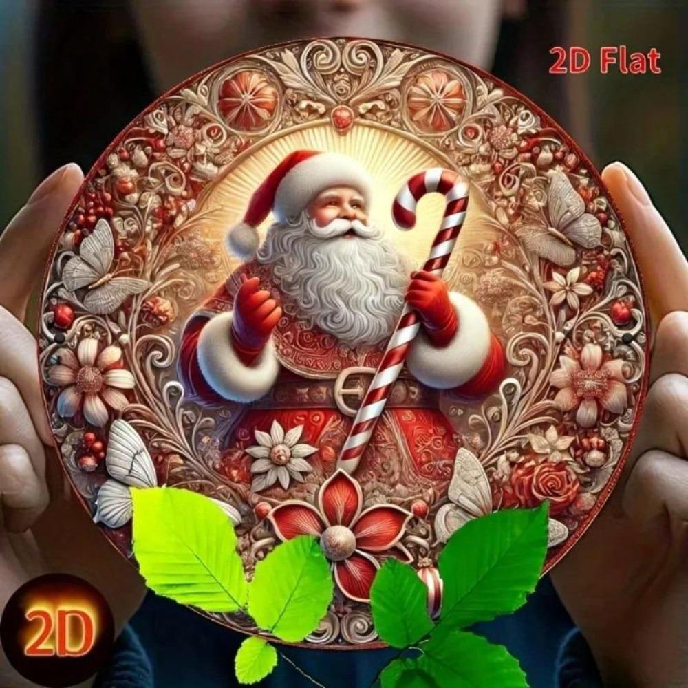 Christmas Santa Candy Cane 2D Metal Wall Art Round Tin Sign Decor
