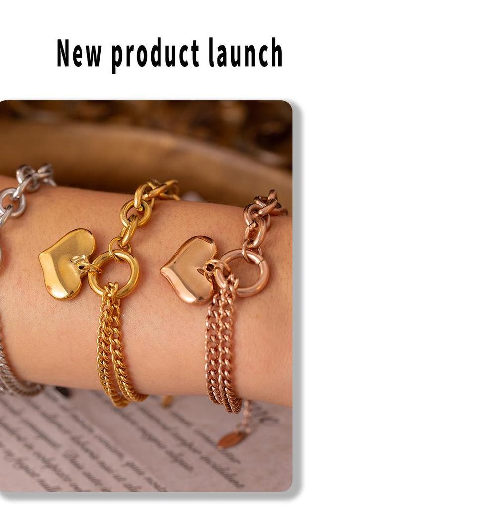 18K Gold Plated Titanium Steel Heart Bracelet with French Minimalist Cuban Chain Design
