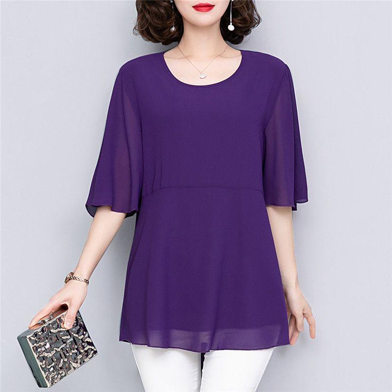 Maglietta da donna in chiffon taglie forti, con bordo estivo in pizzo, manica media, top da ufficio