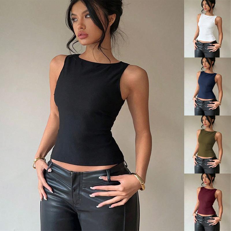 Women's Round Neck Sleeveless Slim Fit Tank Top Solid Color Stretchy Casual Vest