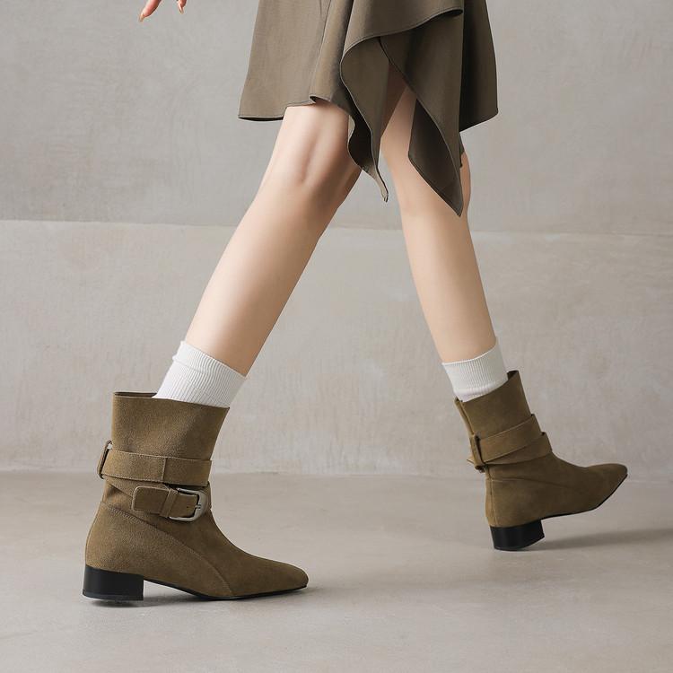 Fashion New Autumn/winter Cow Suede Women Boot Square Toe Shoes for Women Fashion Boots Low Heels Buckle Work Boots Western Boots