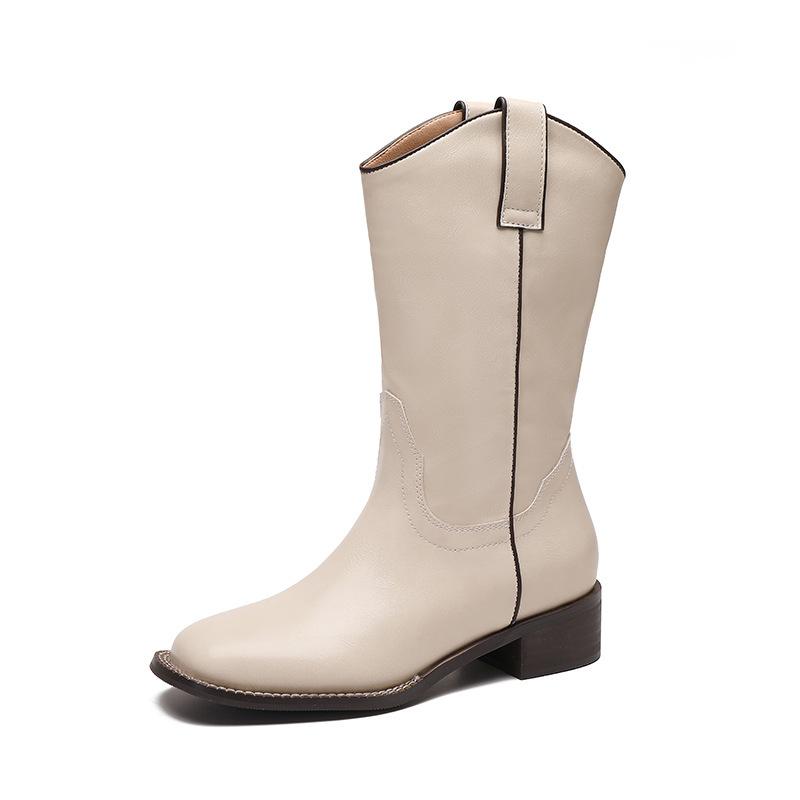 2025 Autumn and Winter New V-mouth Retro Round Head Flat Bottom Matte Soft Leather Medium Tube Boots Women's Simple Sleeve Martin Boots