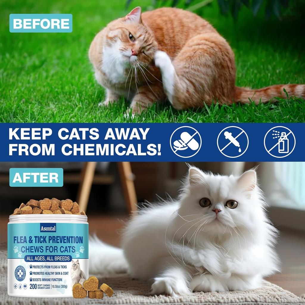 Flea and Tick Prevention for Cats Chewable, Natural Cat Flea Treatment, Oral Kitten Cat Flea & Tick Control, Flea Pills Supplement with Vitamins